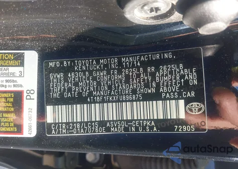 2015 Toyota Camry Xse z USA, uszkodzony, nr VIN 4T1BF1FKXFU896875